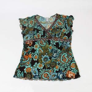 Dress Barn Floral Blouse With Glittery Brown Trim